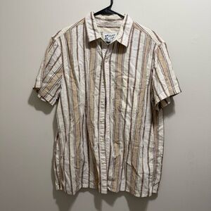 Casual Striped Short-Sleeve Button-Up Shirt - Cream & Brown L American Eagle